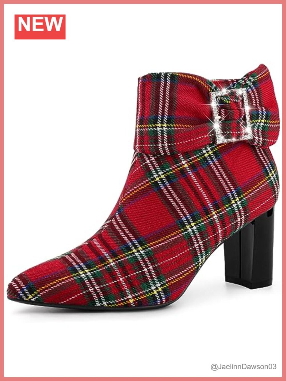 Perphy Women's Plaid Pointy Toe Rhinestone Bow Zipper Chunky Heel Ankle Boots